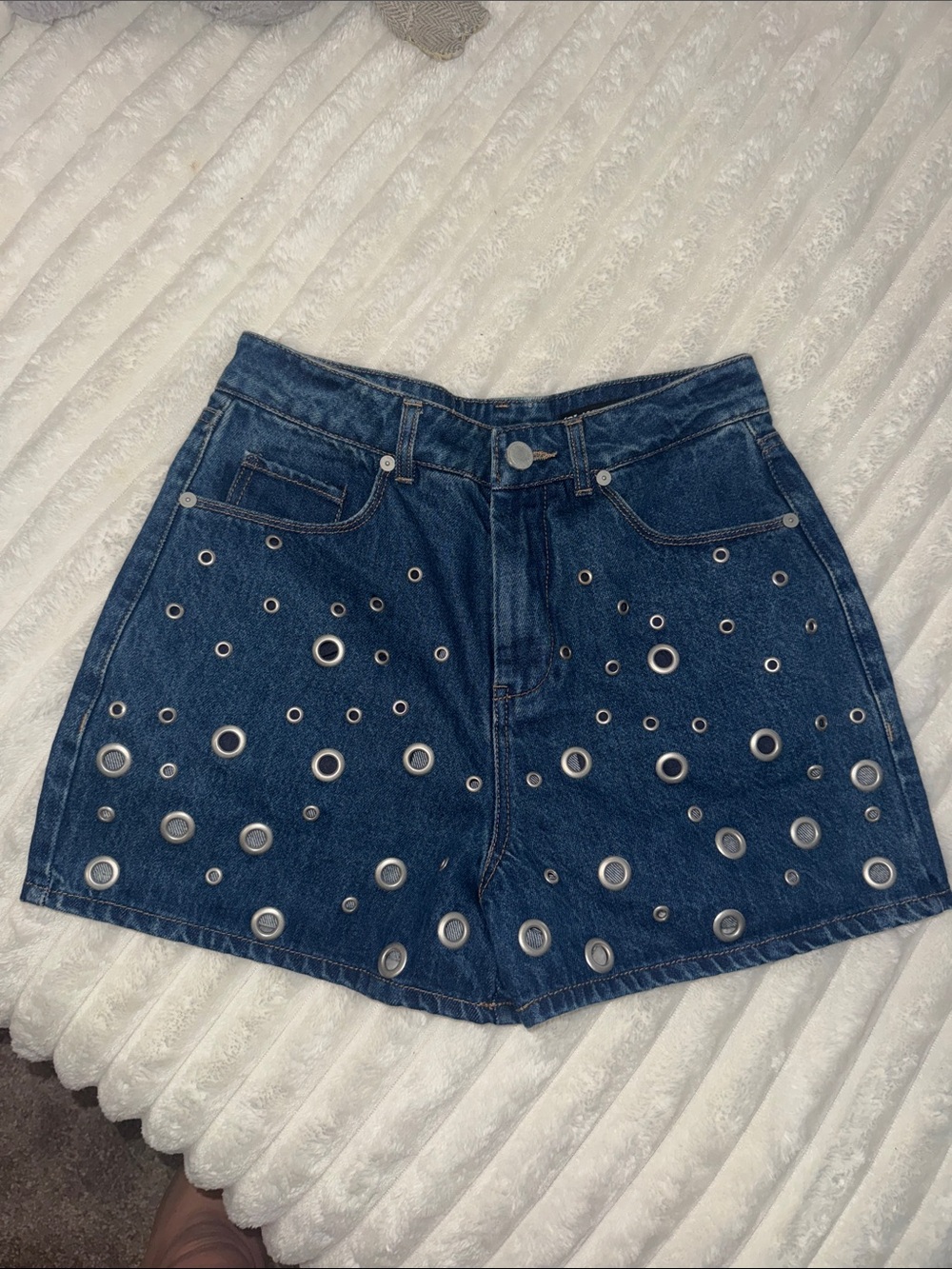 100% Cotton The Reeve High-Waist Denim Shorts with Silver Grommet Eyelet Detail